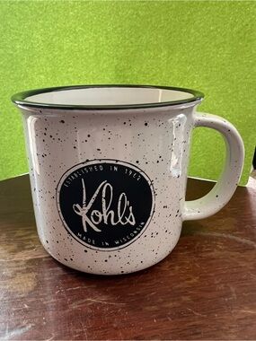 Kohl's White Speckled Ceramic Mug with Black Logo Rim